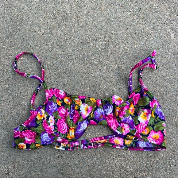 Vintage Floral Bikini Bra 36B Balconette Underwire Fuchsia Floral Sun Streak - Picture 2 of 6
